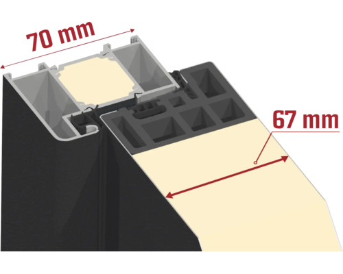 Querschnitt eines Türprofils mit einer Bautiefe von 70 Millimeter und einer Füllungsstärke von 67 Millimeter.