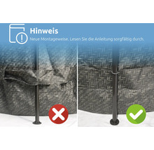 Hinweis zur neuen Montageweise: Vergleich zwischen der falschen und der richtigen Befestigung der Poolstangen.