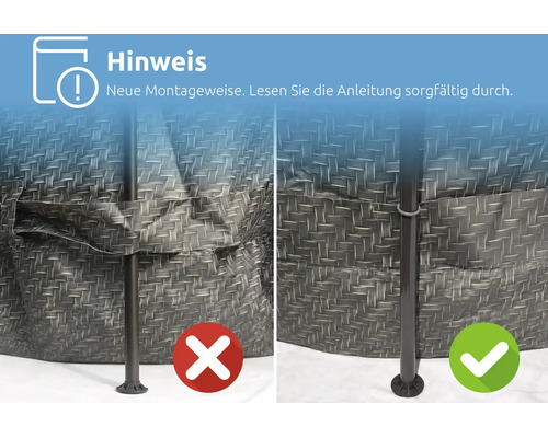 Hinweis zur neuen Montageweise: Vergleich zwischen der falschen und der richtigen Befestigung der Poolstangen.