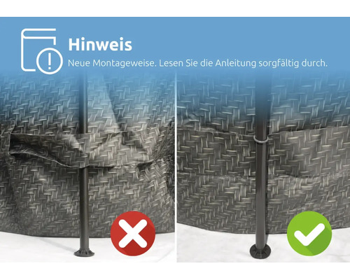 Hinweis zur neuen Montage: Stütze durch die Lasche führen. Abbildung zeigt korrekte und falsche Montage.