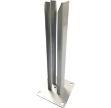 Pfostenträger aus Metall mit quadratischer Bodenplatte und vertikalen Halteprofilen für Zaunelemente oder Paneele.