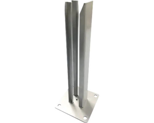 Pfostenträger aus Metall mit quadratischer Bodenplatte und vertikalen Halteprofilen für Zaunelemente oder Paneele.