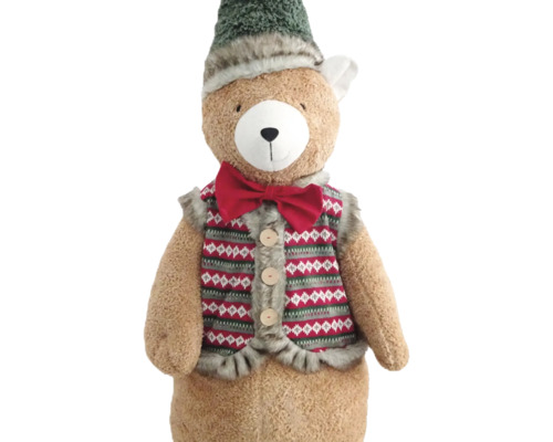 Plüsch-Teddybär mit grüner Zipfelmütze, roter Fliege und gemusterter Weste mit Knöpfen.