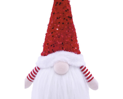 Weihnachts-Wichtel mit Paillettenmütze, weißem Bart und gestreiften Armen.