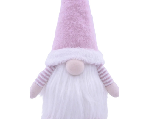 Weihnachtswichtel aus Stoff in Rosa mit spitzer Mütze und weißem Bart.