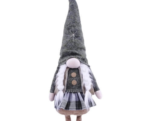Weihnachtswichtel Mädchen mit weißen Zöpfen, grauem spitzem Hut mit Schneeflocken-Stickerei und grau-weiß kariertem Rock.
