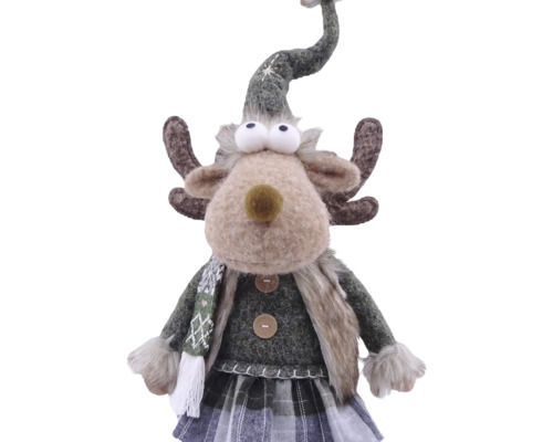 Dekorative Weihnachtsfigur Rentier aus Filz und Textil mit Mütze und Schal.
