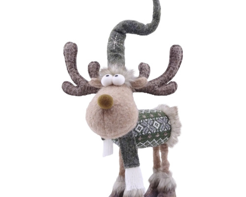 Dekorative Rentier-Figur aus Filz und Wolle mit nordischem Muster, langer Mütze und Schal.