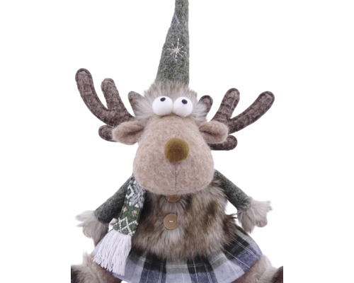 Dekorative Rentier-Plüschfigur mit spitzem Hut, Schal und Geweih.