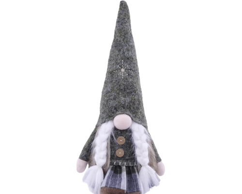 Weihnachts-Wichtel aus Filz mit spitzem Hut, weißen Zöpfen und kariertem Rock.