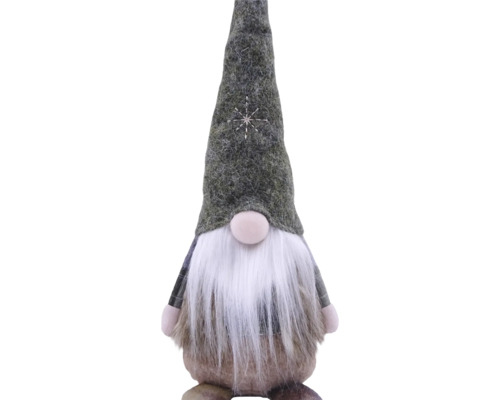 Grauer Weihnachtswichtel aus Stoff mit hohem Zipfelhut mit Sternenstickerei, langem weißen Bart und runder Nase.