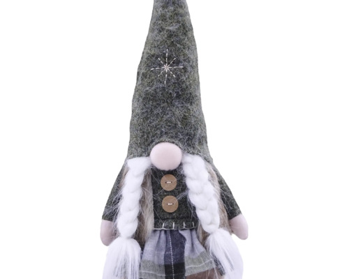 Dekorativer Weihnachtswichtel mit hohem Filzhut, weißen Zöpfen, Holzknöpfen und einem karierten Rock.