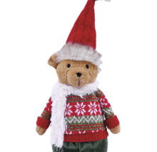 Weihnachts-Dekofigur Bär mit roter Zipfelmütze, weißem Schal und gemustertem Strickpullover.