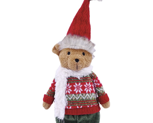 Weihnachts-Dekofigur Bär mit roter Zipfelmütze, weißem Schal und gemustertem Strickpullover.