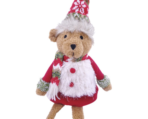 Plüschbär als Weihnachtsdekoration mit rotem Strickpullover, Schal und Mütze.