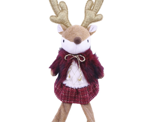Plüsch-Rentier im roten Kleid mit goldenem Geweih, Weihnachtsdekoration aus Textil.