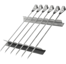 Sechs Grillspieße aus Edelstahl mit Enders Logo und zwei Halterungen.