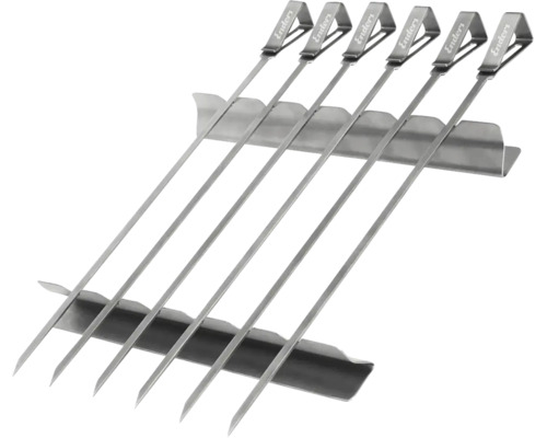 Sechs Grillspieße aus Edelstahl mit Enders Logo und zwei Halterungen.