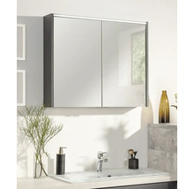 Zweitüriger Spiegelschrank über einem hellen Waschbecken in einem modern eingerichteten Badezimmer mit Seifenspender und Armatur.