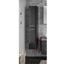 Moderner Bad-Hochschrank in Hochglanz-Optik mit zwei Türen und silbernen Griffstangen vor einer Wand in Steinoptik.
