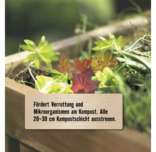 Gartenabfälle in einem Holzkomposter mit Hinweistext zur Förderung der Verrottung und Ausbringung alle 20 bis 30 Zentimeter.