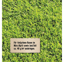 Dicht gewachsener Rasen mit Hinweisschild: Im März, April, Juni und Juli circa 40 Gramm pro Quadratmeter ausbringen für einen tiefgrünen Rasen.