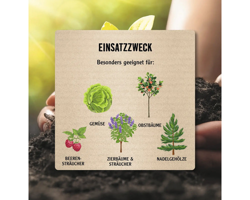 Infografik zum Einsatzzweck: Besonders geeignet für Gemüse, Obstbäume, Beerensträucher, Zierbäume, Sträucher und Nadelgehölze.