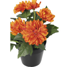 Künstliche Dahlie im schwarzen Kunststofftopf mit orangefarbenen Blüten und grünen Blättern.