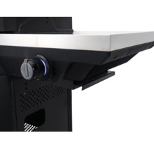Gasgrill Detailansicht mit Drehregler für Seitenbrenner und Edelstahl-Ablagefläche.