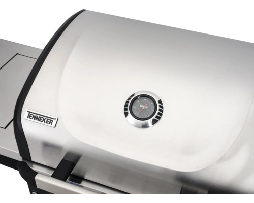 Tenneker Grilldeckel aus Edelstahl mit eingebautem Thermometer und Tenneker Logo.