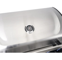 Deckel eines Gasgrills aus Edelstahl mit integriertem Thermometer zur Temperaturüberwachung.
