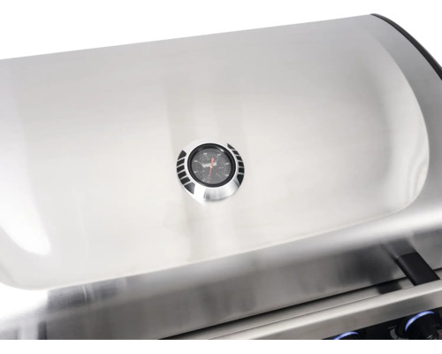 Deckel eines Gasgrills aus Edelstahl mit integriertem Thermometer zur Temperaturüberwachung.