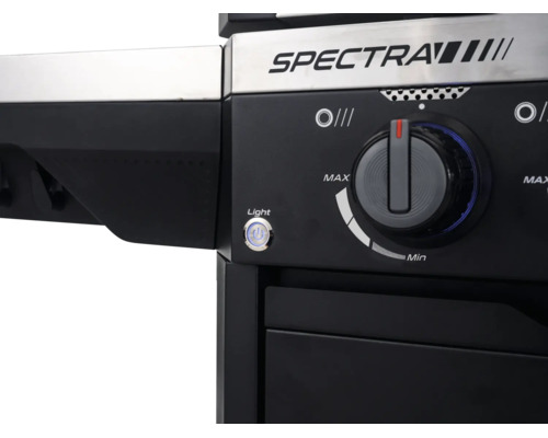 Detailansicht der Bedienblende eines Tenneker Gasgrills mit einem Drehregler für die Temperatur und einem Lichtschalter sowie dem SPECTRA Logo.