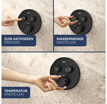 Schwarze Duschsteuerung mit Grohe Logo, Druckknöpfen zum Aktivieren und Drehreglern für Wassermenge und Temperatur bei 38 Grad.