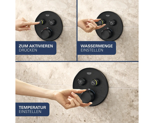 Schwarze Duschsteuerung mit Grohe Logo, Druckknöpfen zum Aktivieren und Drehreglern für Wassermenge und Temperatur bei 38 Grad.