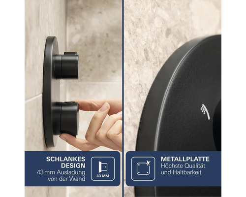 Schwarze Unterputz-Duscharmatur mit flachem Design, 43 Millimeter Ausladung und einer robusten Metallplatte.