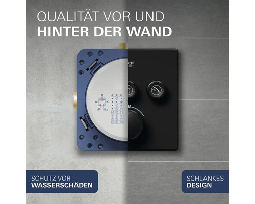 Grohe Rapido SmartBox Unterputz-Einheit und Grohtherm SmartControl Thermostat mit schlankem Design, Schutz vor Wasserschäden und Grohe Logo.