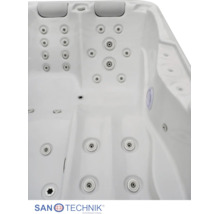 Innenansicht eines weißen Whirlpools von Sanotechnik mit Massagedüsen und Kopfstützen sowie Sanotechnik International Logo.