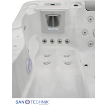 Innenansicht eines Whirlpools mit Massagedüsen, Filterabdeckung und Bedienfeld. Sanotechnik International Logo.