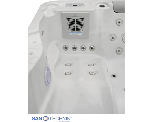 Innenansicht eines Whirlpools mit Massagedüsen, Filterabdeckung und Bedienfeld. Sanotechnik International Logo.