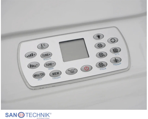 Digitales Bedienfeld von Sanotechnik mit einem Display und Tasten für Temperatur, Licht, Radio, Gebläse und Stromversorgung.