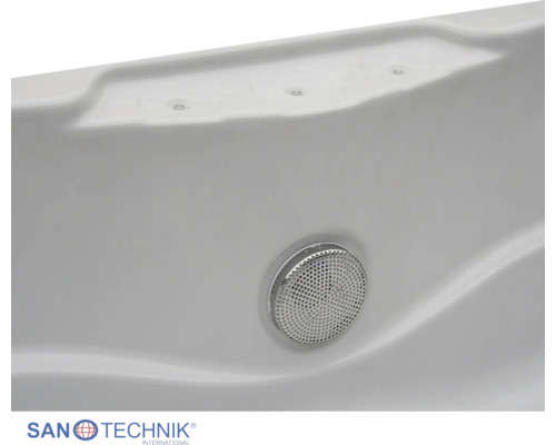 Weiße Badewanne mit runder, gelochter Metallabdeckung und Sanotechnik International Logo.