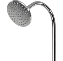 Runde Kopfbrause mit gebogenem Brausearm aus Metall.