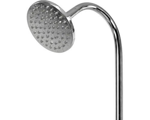 Runde Kopfbrause mit gebogenem Brausearm aus Metall.