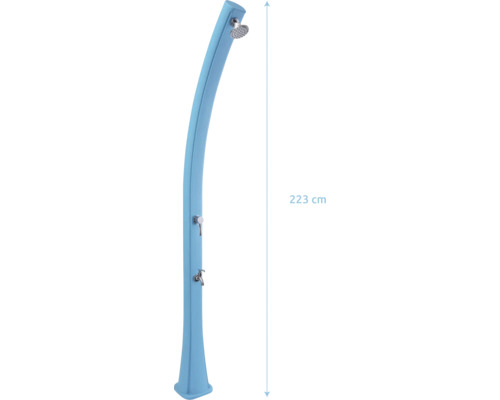 Blaue gebogene Solardusche mit Regenduschkopf, Einhebelmischer und Entnahmehahn, Höhe 223 Zentimeter.