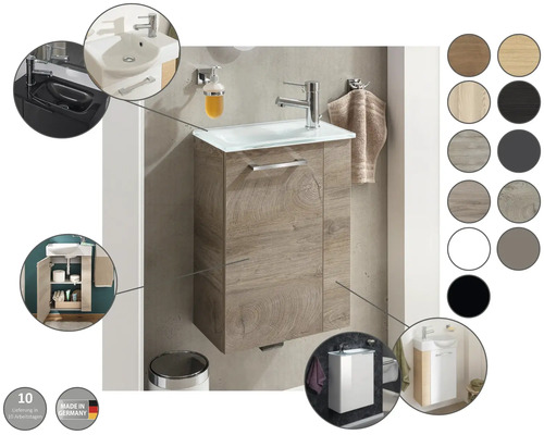Moderner Unterschrank für Gästetoilette mit Waschbecken, Armatur, Holzoptik, diverse Dekore, Made in Germany, Lieferung in 10 Arbeitstagen.