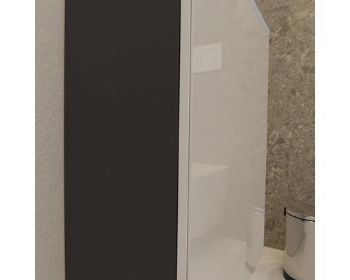 Moderne Badezimmer-Seitenwand in Anthrazit und Weiß neben einer strukturierten Steinwand.