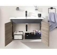 Moderner Waschtischunterschrank mit Waschbecken und geöffneten Türen in Eichen-Optik und anthrazitfarbenen Details.