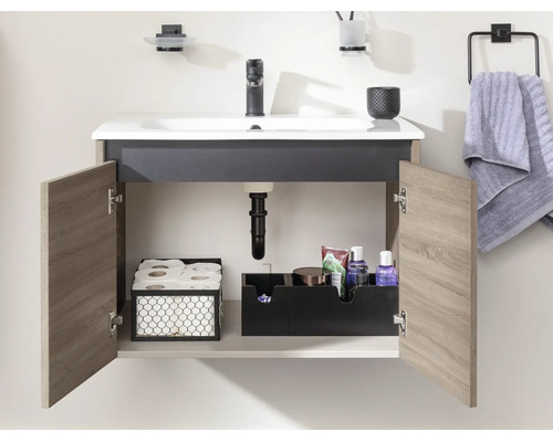 Moderner Waschtischunterschrank mit Waschbecken und geöffneten Türen in Eichen-Optik und anthrazitfarbenen Details.