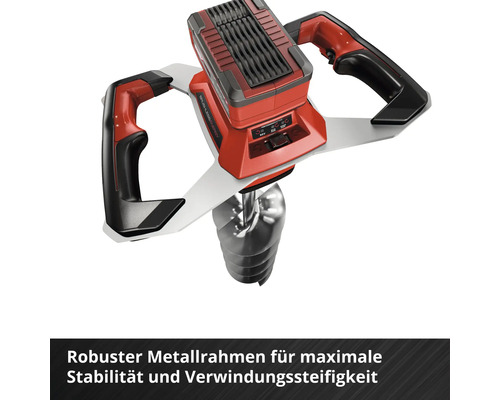 Akku-Erdbohrer mit robustem Metallrahmen für maximale Stabilität, zwei ergonomischen Handgriffen und Metallbohrer.